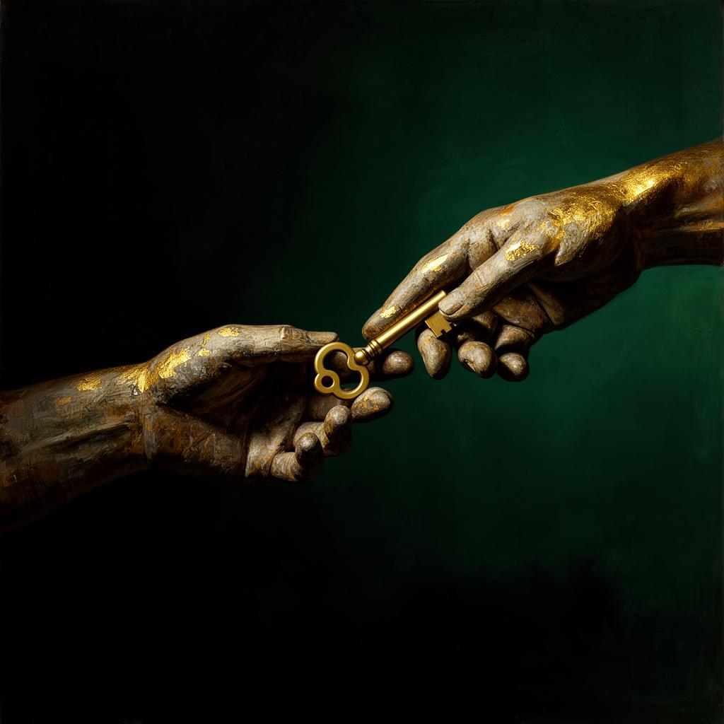 Two hands passing a brass key in chiaroscuro